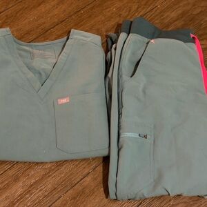 Figs Teal Scrub Tops with Pink Accent
